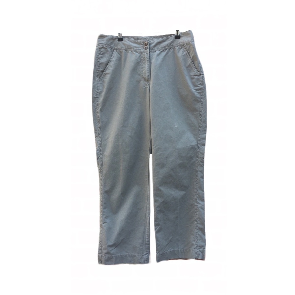 LL Bean Pants Womens Size M Medium Taupe Gridded Twill Rear Button Pockets 71341
